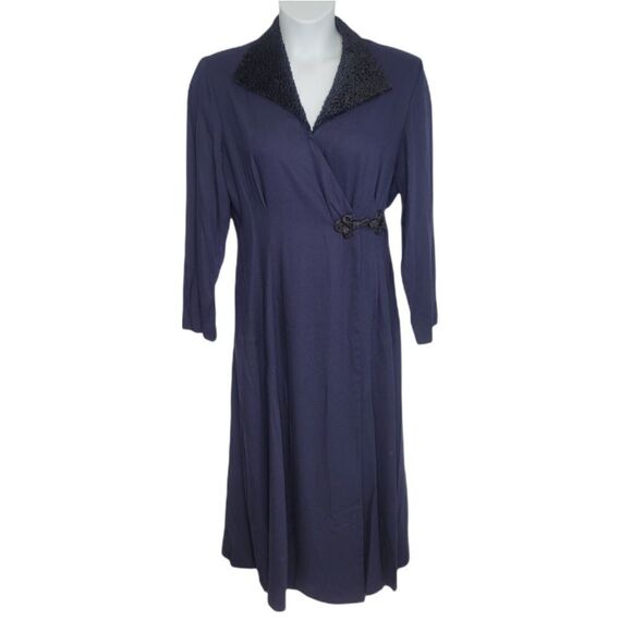 VINTAGE 80s dress navy blue chenille collar wrap‎ maxi M - Picture 1 of 12